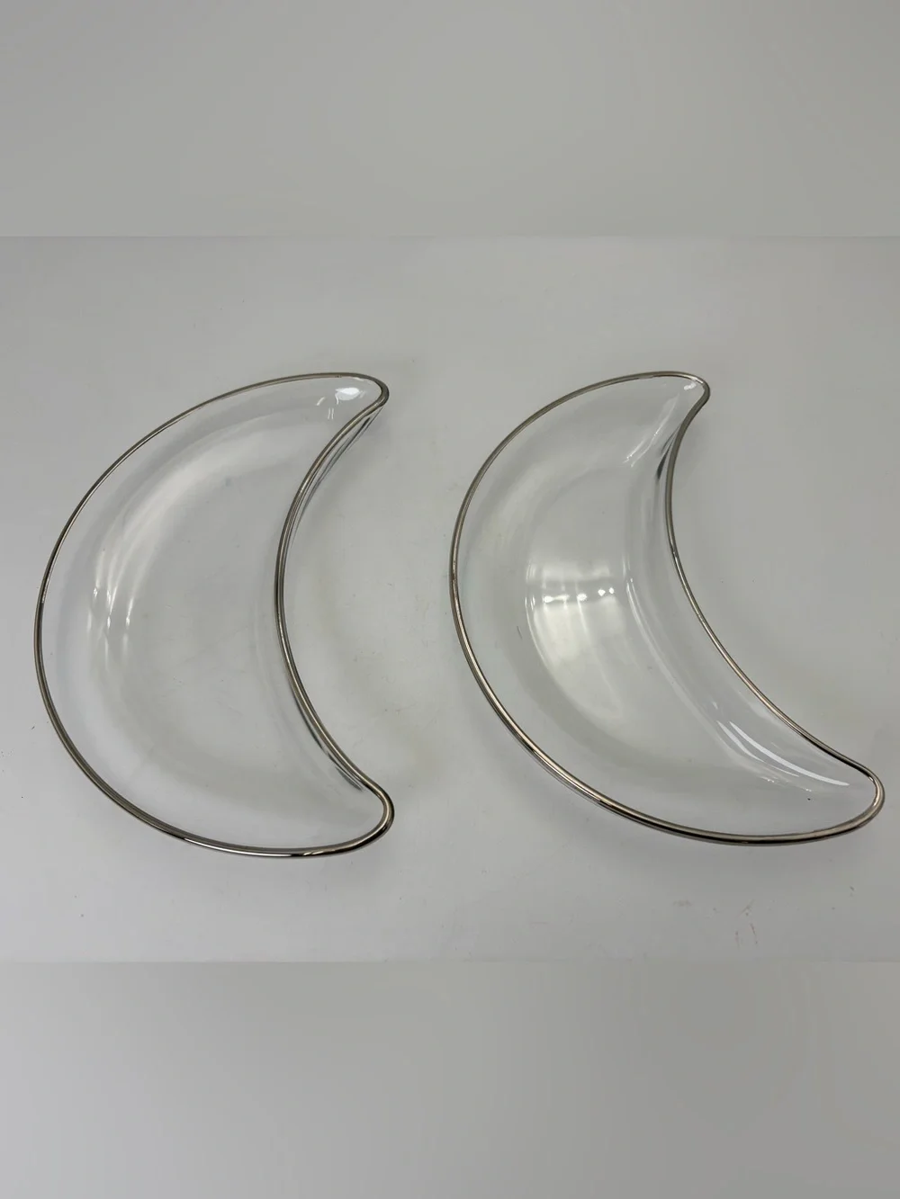 Pair of Vintage Clear Crescent Moon Glass Dishes with Silver Rim